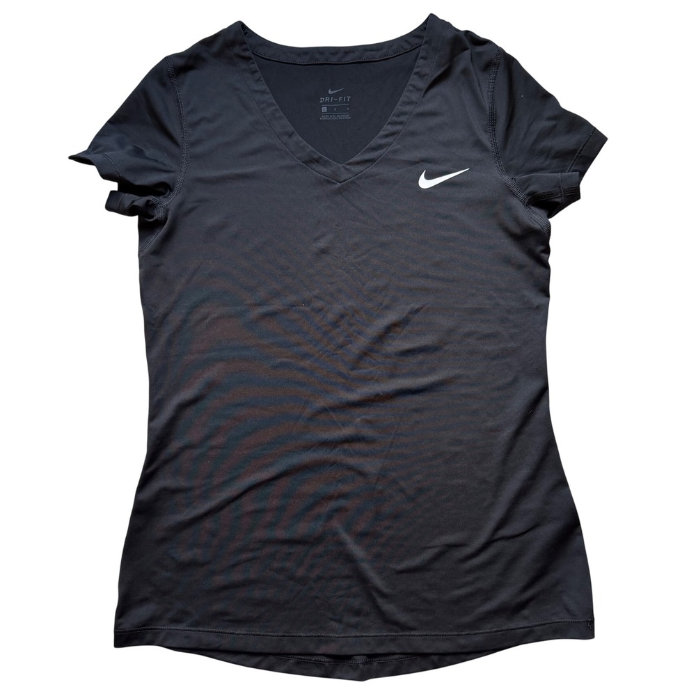 Nike Womens Dri-FIT V-Neck Short Sleeve Training Shirt Black Large Swoosh Logo
